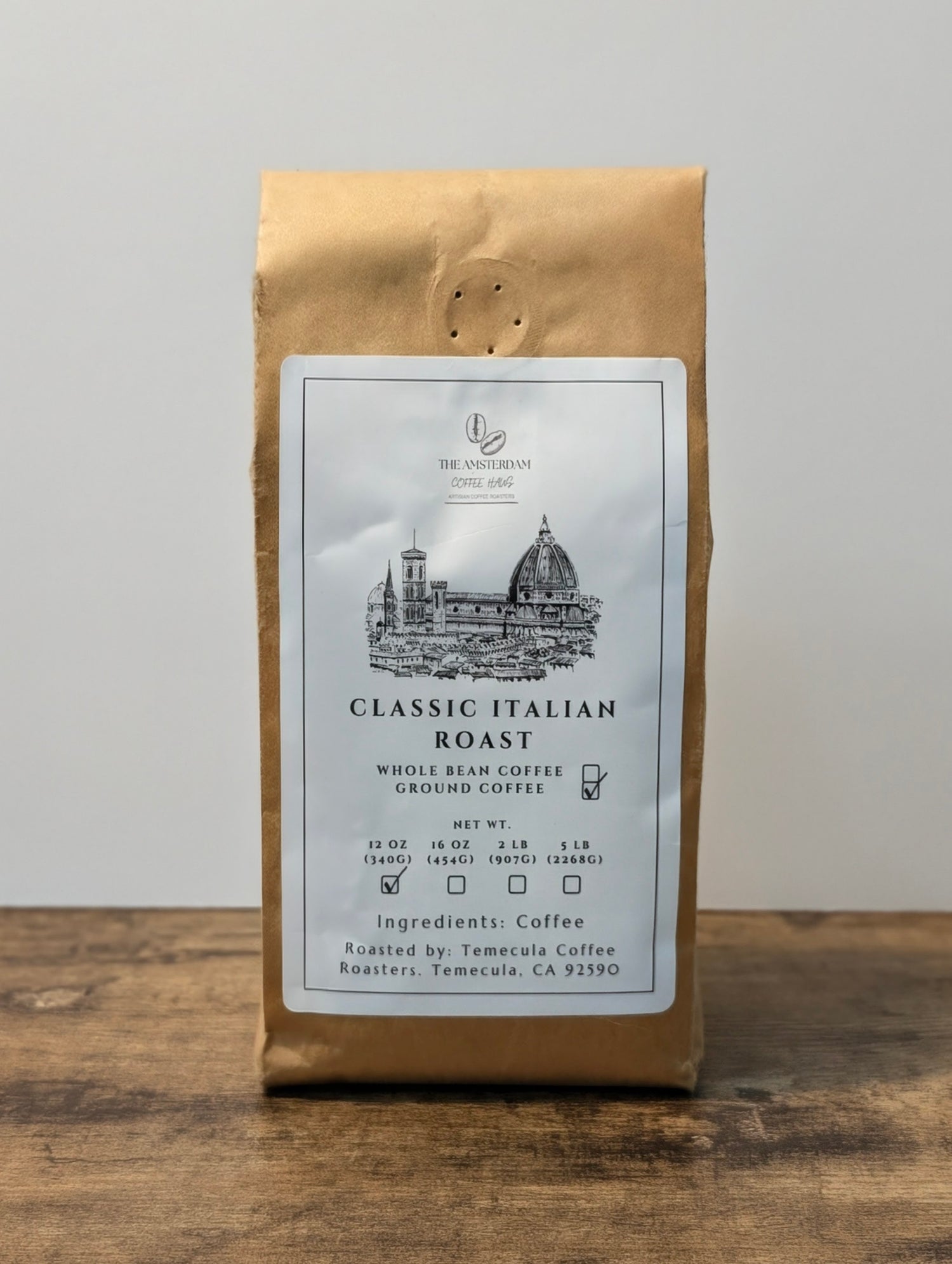 Classic Italian Roast specialty coffee beans from The Amsterdam Coffee Haus, Rosenberg TX — rich, bold espresso roast