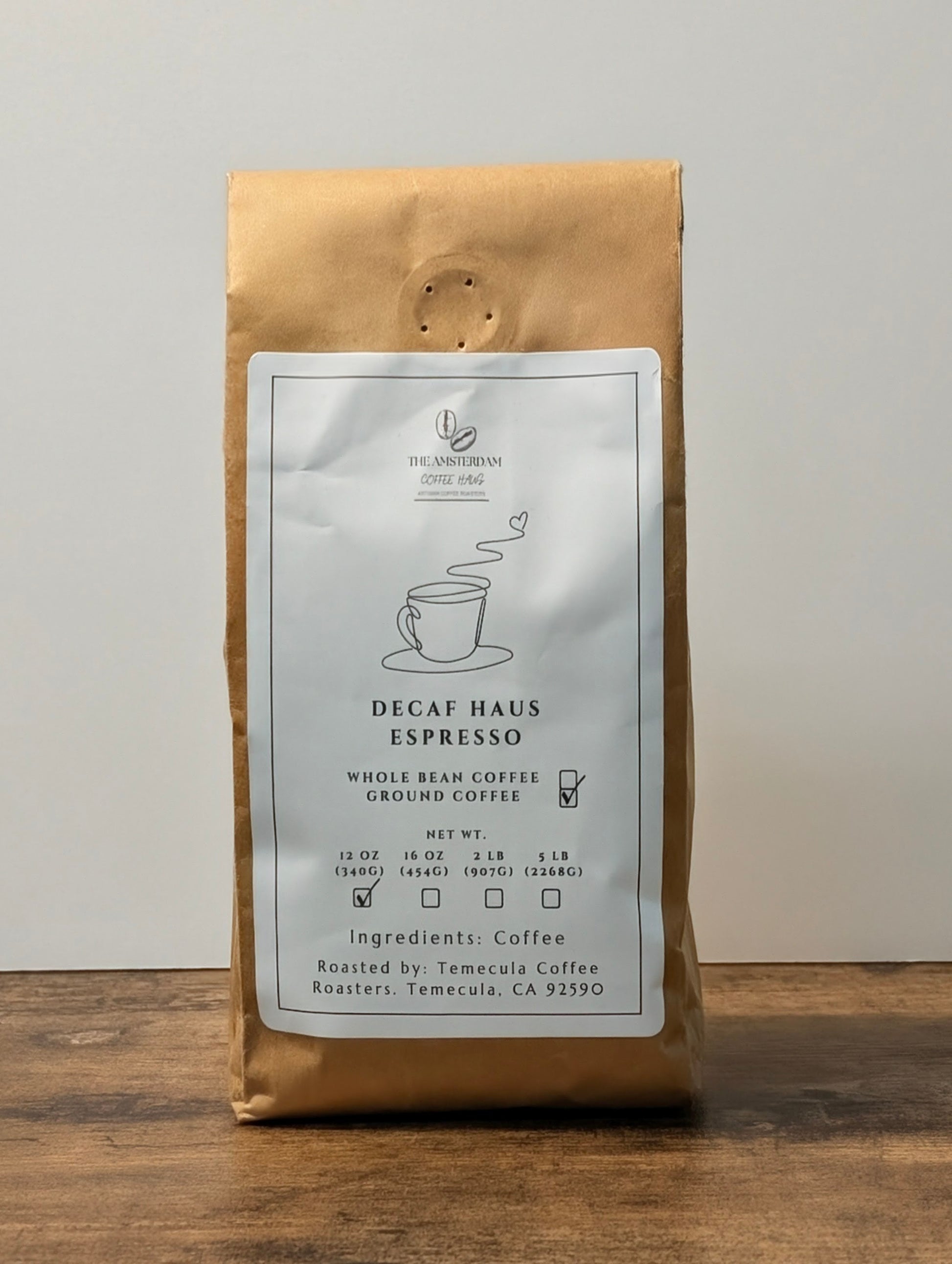 Decaf Haus Espresso specialty coffee — smooth, full-flavored decaf roast from The Amsterdam Coffee Haus in Rosenberg, Texas