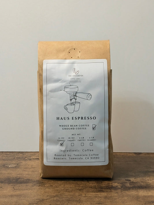 Haus Espresso signature blend from The Amsterdam Coffee Haus — specialty coffee roasted in Rosenberg, Fort Bend County, Texas
